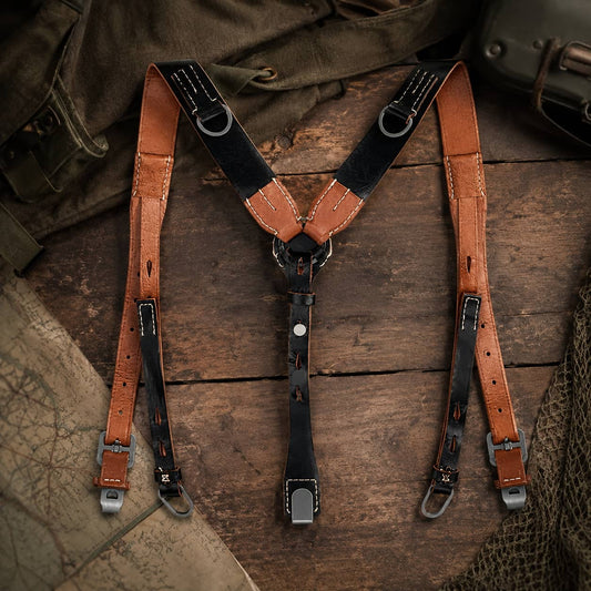 WW2 German Leather Suspenders in brown with adjustable straps for military-style wear