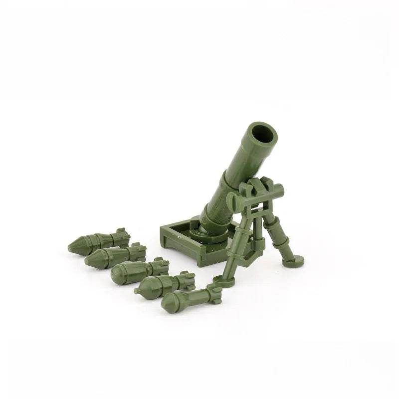WW2 mortar toys model in green with additional ammunition pieces for collectors and play