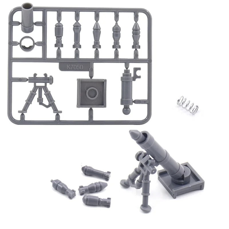 WW2 mortar toys model assembly kit with detailed parts for military enthusiasts