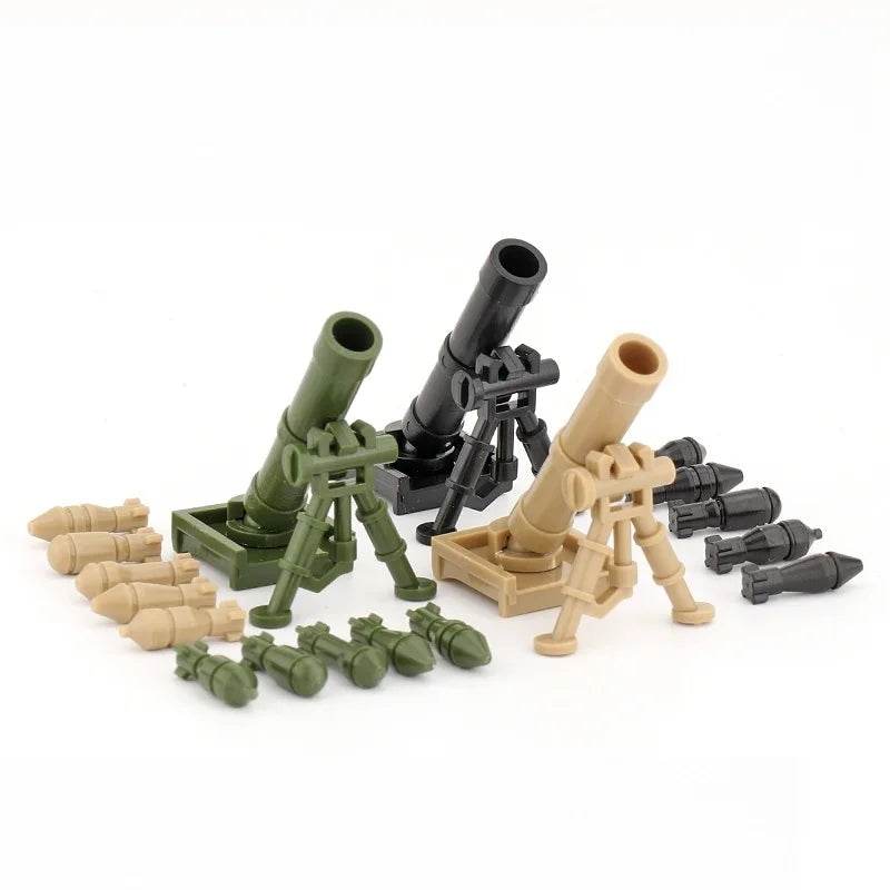 Set of WW2 mortar toys model in green, black, and tan with miniature bombs and launchers