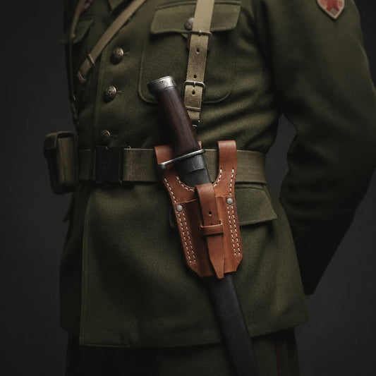 WWII Imperial Japanese Army T30 bayonet frog reproduction in brown oxhide leather with steel clasp