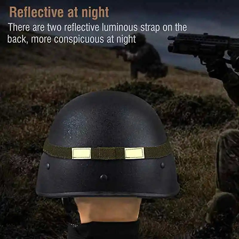 WWII M1 helmet cover with reflective straps for nighttime visibility