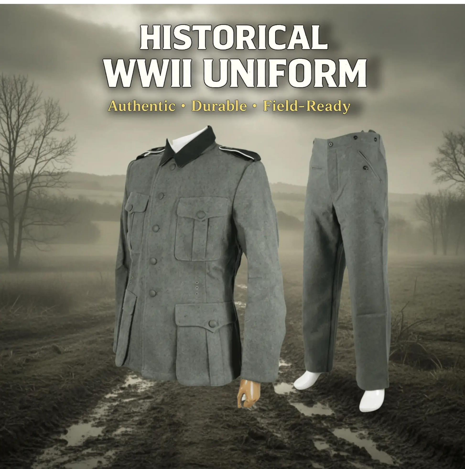 WWII M36 German Uniform in gray, authentic and field-ready for historical reenactments