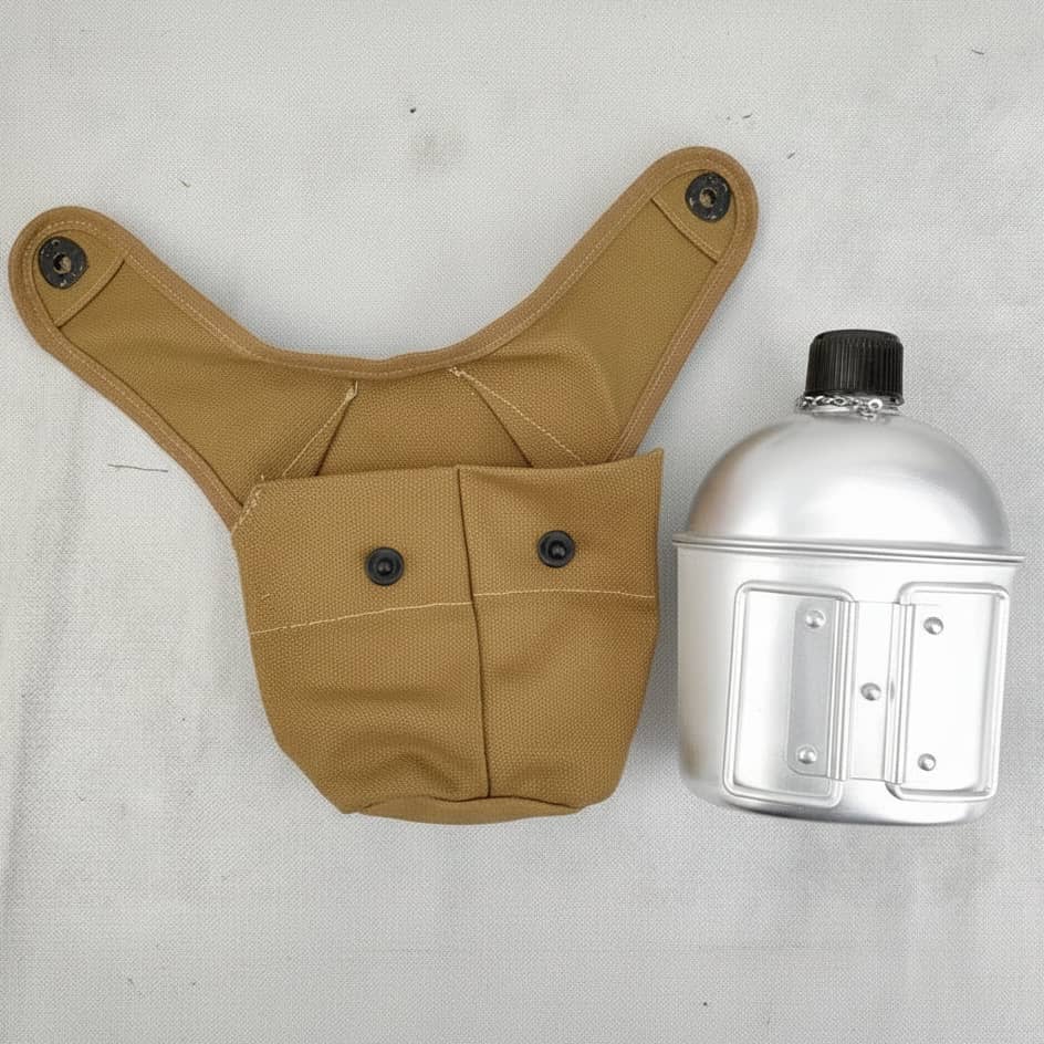 WWII marine canteen kettle with tan storage pouch for outdoor use