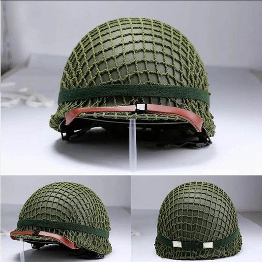 WWII-style M1 helmet cover and sling accessory for replica helmet display setup