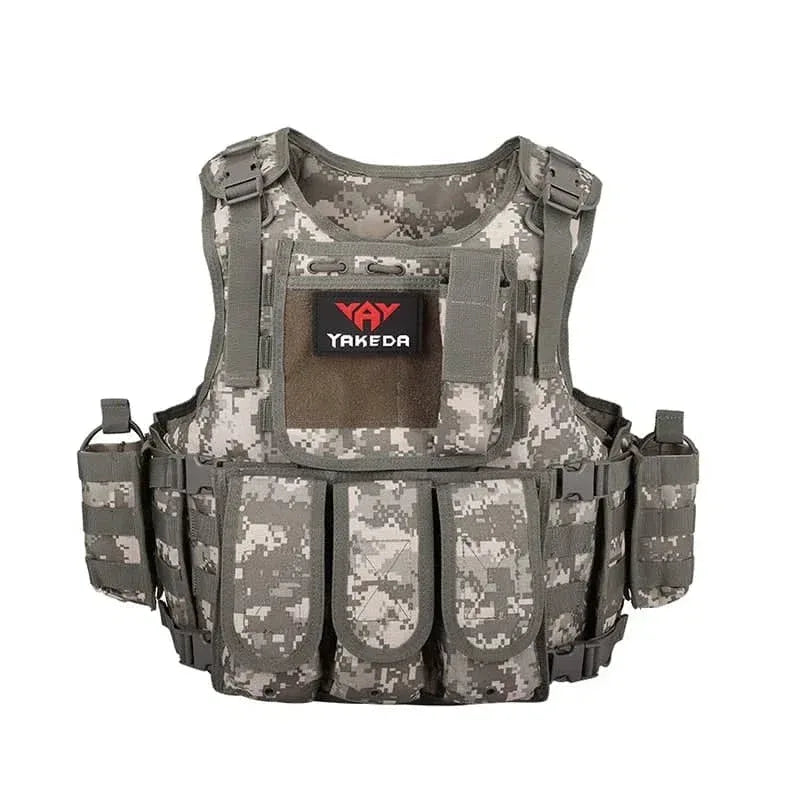 Yakeda tactical outdoor vest in grey digital camouflage with multiple pockets and adjustable straps
