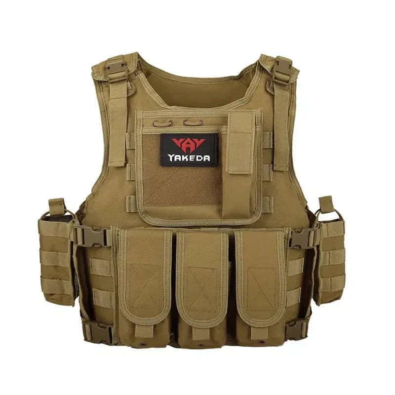 Yakeda tactical outdoor vest in khaki with multiple pockets and adjustable straps for military training