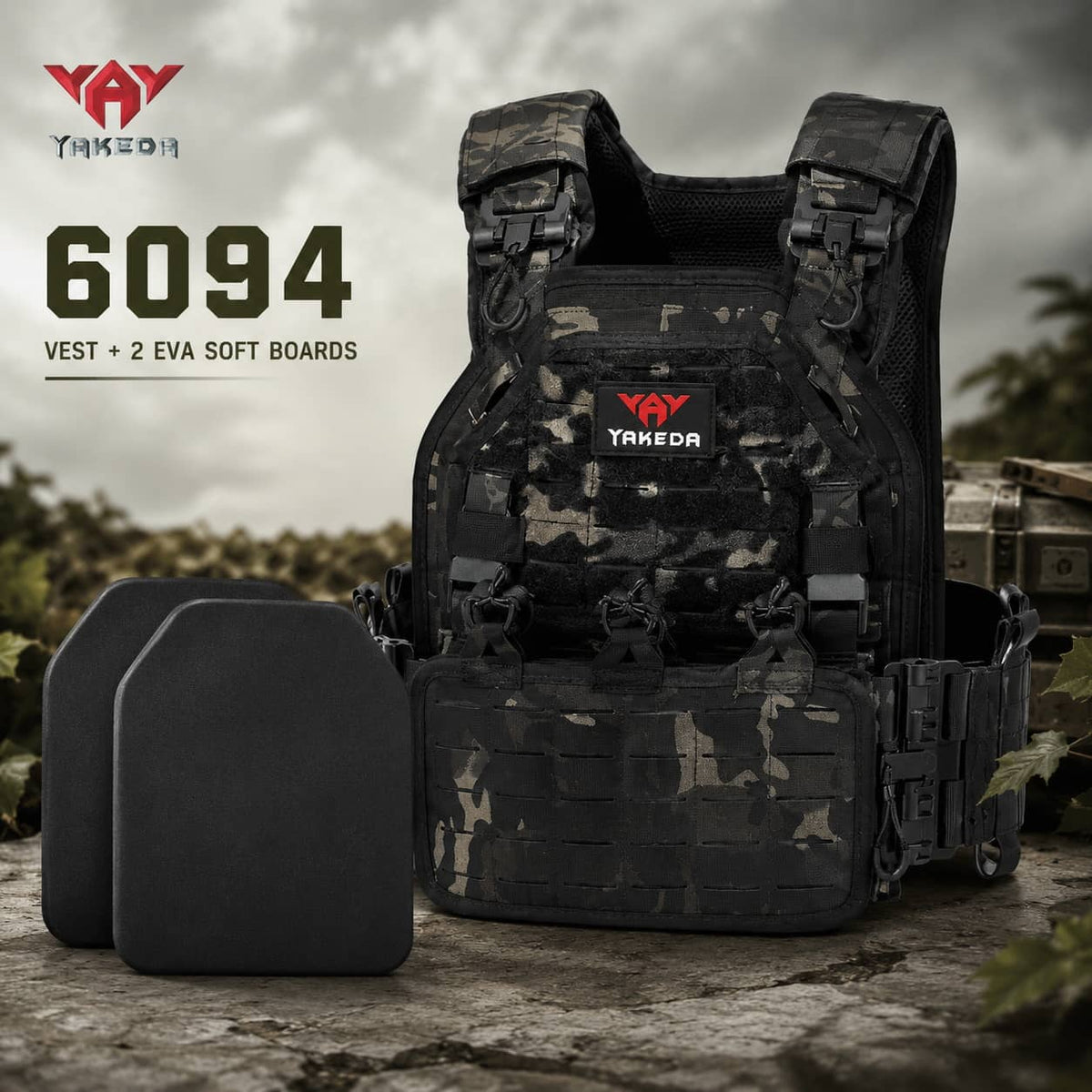 YAKEDA outdoor utility vest in black with two EVA soft boards for tactical use
